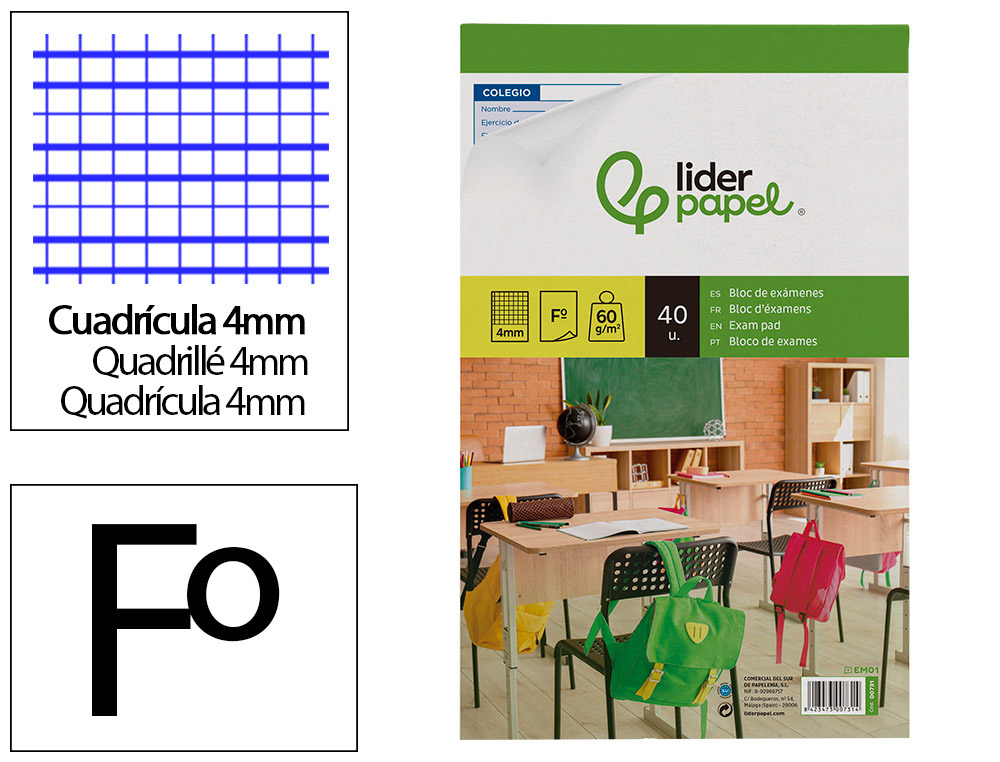 BLOC EXAMENES LIDERPAPEL CUADRO 4MM FOLIO 40 HOJAS 60G/M2