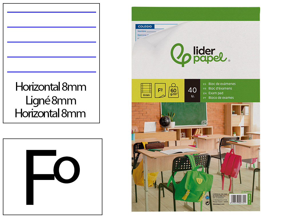BLOC EXAMENES LIDERPAPEL HORIZONTAL FOLIO 40 HOJAS 60G/M2