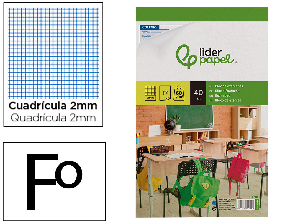 BLOC EXAMENES LIDERPAPEL CUADRO 2MM FOLIO 40 HOJAS 60G/M2