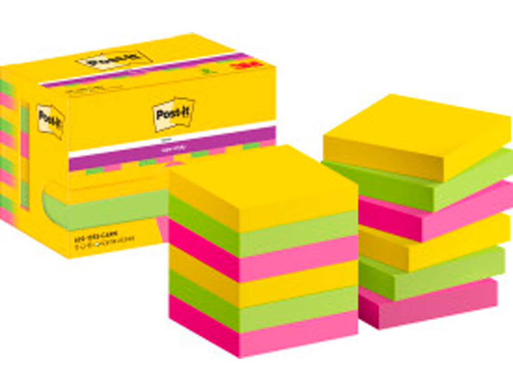 BLOC DE NOTAS ADHESIVAS QUITA Y PON POST-IT SUPER STICKY 47,6X47,6 MM CON 90 HOJAS PACK DE 12 BLOC COLORES