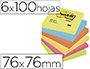 BLOC DE NOTAS ADHESIVAS QUITA Y PON POST-IT 76X76 MM NEON PACK DE 6 BLOCS SURTIDO